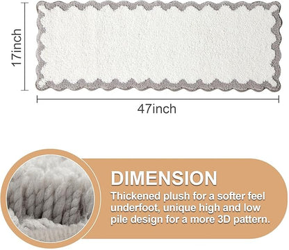 ORTIGIA Long Cute Scalloped Bathroom Rugs Runner, Fun White and Gray Plush Microfiber Scallop Bath Mats Non Slip Washable Quick Dry Absorbent, Rug for Bathtub Sink Laundry Room Bedroom, 17x47
