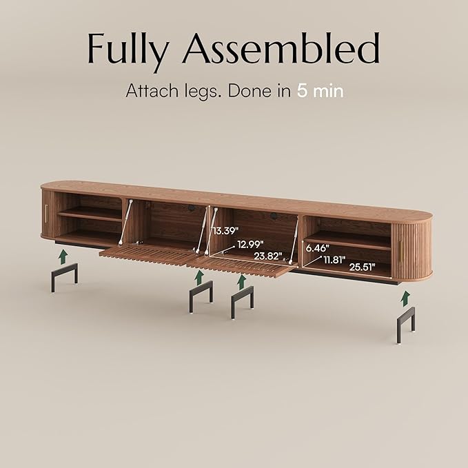 POVISON Fully-Assembled Sliding Tambour Door TV Stand, Mid Century Modern TV Console, Wood Media Console, Entertainment Center with Storage Cabinet (Walnut, 118.11")