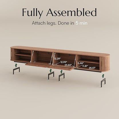 POVISON Fully-Assembled Sliding Tambour Door TV Stand, Mid Century Modern TV Console, Wood Media Console, Entertainment Center with Storage Cabinet (Walnut, 118.11")