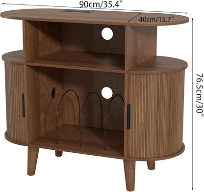 Large Round Record Player Stand with Charging Station & USB Ports，Record Storage Cabinet, Mid Century Modern Turntable Stand Console for Bedroom Living Room (Small Brown)
