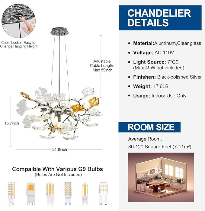 Modern Chandelier for Dining Room, D21.6 Ginkgo Leaf Tree Branch Chandelier, Black Farmhouse Chandelier Over Dining for Living Room Bedroom Kitchen Island, 7-Light