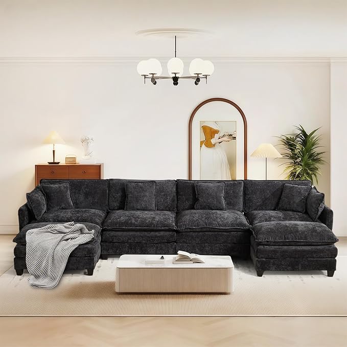 SoarFlash 143.2" Chenille Sectional Sofa, Comfy U Shaped Modular Coush Sofa with Ottoman, Modern 4 Seat Couch Deep Seat Sofa Set for Living Room,Black