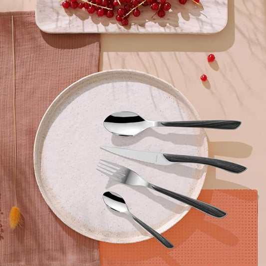 Amefa Eclat Nature 24-Piece Black Wood Pattern Handle Stainless Steel Flatware & Silverware Set for 6-18/0 Knife Set with Steak Knives, Forks & Spoons - Dishwasher Safe - Black Silverware - Cutlery