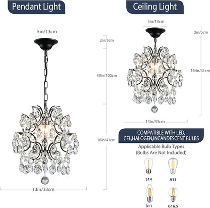 Bestier Black Modern Pendant Chandelier Crystal Raindrop Lighting Ceiling Light Fixture Lamp for Dining Room Bathroom Bedroom Livingroom entryway 1 E26 Bulbs Required D13 in x H16 in