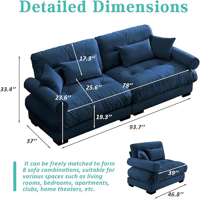 SoarFlash Modern Living Room Velvet Recliner Sofa, Loveseat Sofa for Apartment, Storage Sofa with Solid Wood Frame, Easy to Install (93.7inch, Blue)