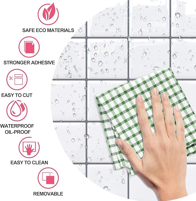 Alwayspon 10 Sheets 10"x10" White 3D Vinyl Backsplash Tiles, Self-Adhesive Peel and Stick Wall Tile Stickers Stick on Subway Tiles for Kitchen Bathroom Wall