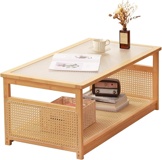 Tiita Coffee Tables for Living Room，Mid Century Modern Storage 2-Tier Coffee Tables，Rattan Glass RectangleTables，Suitable for Living Room Apartment，Wood