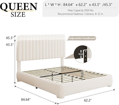 Queen Size Boucle Bed Frame, Upholstered Cloud Platform Bed Frame with Adjustable Headboard, Vertical Tufted, Soft Rounded Corners, No Box Spring Needed, Noise Free Design, Easy Assembly, Beige