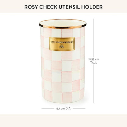 MACKENZIE-CHILDS Enamel Utensil Holder, Kitchen Utensil Holder for Countertop, Storage Caddy, Pink-and-White Rosy Check