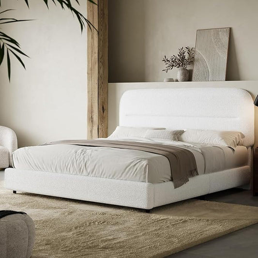 Full Size Bed Frame, Boucle Upholstered Bed Frame Full with Headboard and Thickened Footboard, Rounded Corners, No Box Spring Needed, Easy Assembly, White