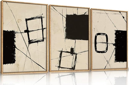 HOURIA Abstract Geometric Framed Canvas Wall Art Set,Black and Beige Brushstroke Wall Decor,Neutral Modern Wall Painting,Textured Line Drawing Art Prints for Living Room, Bedroom, Farmhouse-24 x36 x3