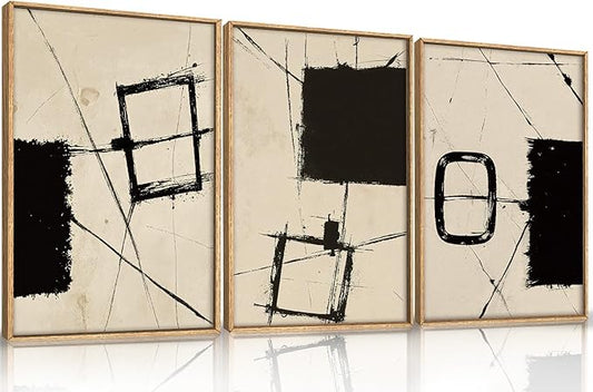 HOURIA Abstract Geometric Framed Canvas Wall Art Set,Black and Beige Brushstroke Wall Decor,Neutral Modern Wall Painting,Textured Line Drawing Art Prints for Living Room, Bedroom, Farmhouse-24 x36 x3
