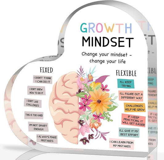 Growth Mindset Decor, Mental Health Therapy Office School Art Educational Challenging Thoughts Affirmation Decorations Positive Sayings Inspirational Gifts Acrylic Heart Inspirational Gift for Teacher