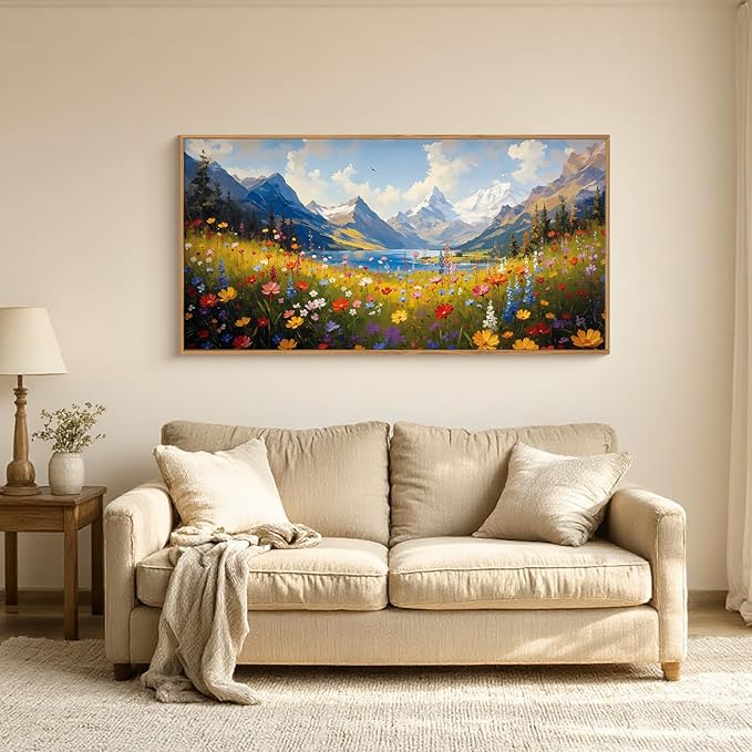 HOURIA Colorful Wildflower Mountain Framed Canvas Wall Art Set,Blue Sky Lake Green Tree Grass Wall Decor,Nature Flower Artwork,Field Scenery Art Prints for Living Room,Bedroom,Farmhouse- 20"×40"×1