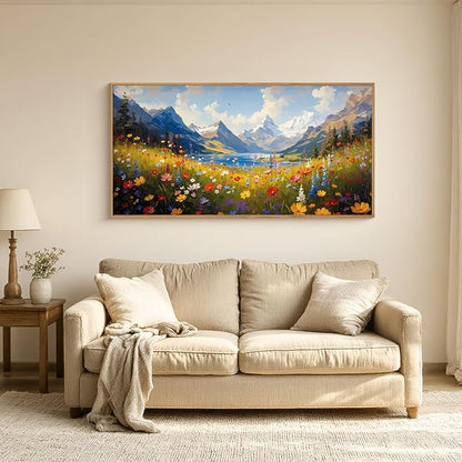 HOURIA Colorful Wildflower Mountain Framed Canvas Wall Art Set,Blue Sky Lake Green Tree Grass Wall Decor,Nature Flower Artwork,Field Scenery Art Prints for Living Room,Bedroom,Farmhouse- 20"×40"×1