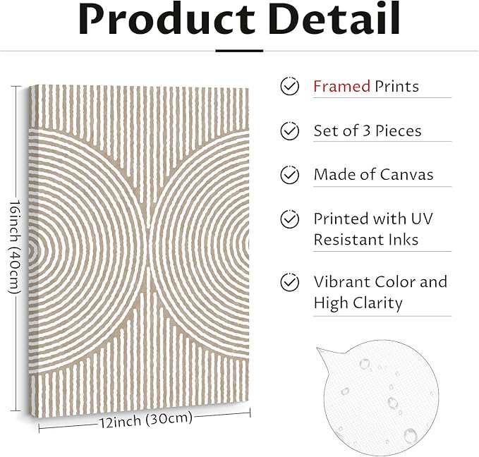 Boho Modern Wall Art Pictures Neutral Abstract Canvas Wall Decor Minimalist Line Wall Art Beige Brown Black Poster Mid Century Painting Artwork for Living Room Bedroom 12x16x3 Inch Wrapped Canvas