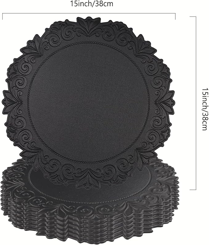 Noctiflorous Round Faux Leather 15 Inch Placemats Set of 6 Waterproof Wipeable Heat Resistant Tablemat for Dining Table Kitchen Non Slip Washable Oilproof Table Place Mat for Indoor Outdoor(Black, 6)