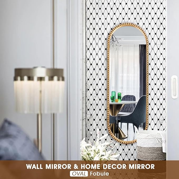 Oval Full Length Wall Mirror, 16"x47" Metal Beaded Frame Large Hanging Dressing Floor Mirror for Bedroom, Living Room, Entryway, Antique Gold (No Stand)