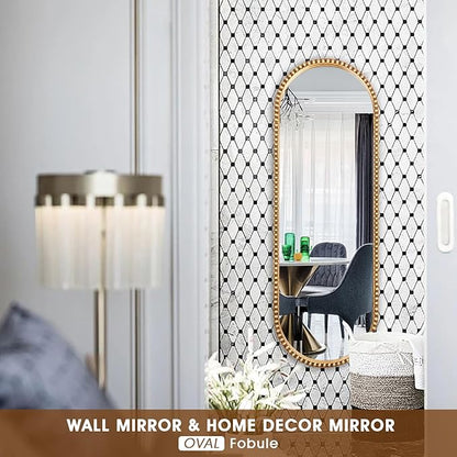 Oval Full Length Wall Mirror, 16"x47" Metal Beaded Frame Large Hanging Dressing Floor Mirror for Bedroom, Living Room, Entryway, Antique Gold (No Stand)