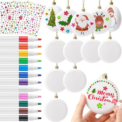 Syhood 12 Pcs 3.15'' DIY Christmas Blank White Ball Ornaments Set Plastic Matte Flat Discs Ornaments DIY Xmas Tree Decor with Acrylic Paint Markers Gems Stickers for Crafts Wedding Party Decor