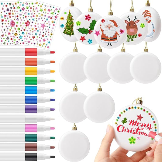 Syhood 12 Pcs 3.15'' DIY Christmas Blank White Ball Ornaments Set Plastic Matte Flat Discs Ornaments DIY Xmas Tree Decor with Acrylic Paint Markers Gems Stickers for Crafts Wedding Party Decor