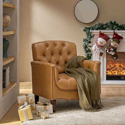 HULALA HOME Mid Century Modern Leather Club Chairs Set of 2, Top-Grain Genuine Leather Armchairs with Button-Tufted Back & Solid Wood Legs, Accent Chairs for Living Room/Bedroom/Home Office, Camel