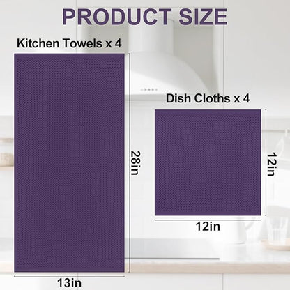 Homaxy 100% Cotton Kitchen Towels and Dishcloths Set, 12 x 12 Inches and 13 x 28 Inches, Set of 8 Bulk Kitchen Towels Set, Ultra Soft Absorbent Dish Cloths for Washing Dishes, Eggplant