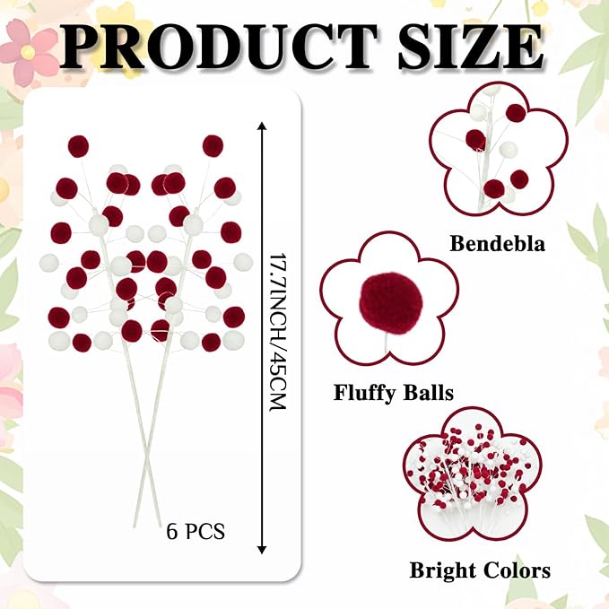 6 Pcs Red White Pom Poms Christmas Decorations & Felt Christmas Picks and Sprays DIY Xmas Tree Toppers, Festive Tree Filler & Decor (Redwhite)