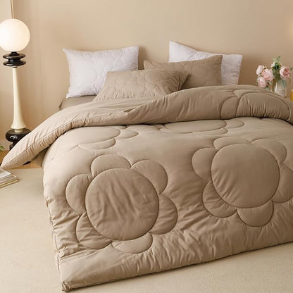 CLOTHKNOW Khaki Daisy Puff Comforter Set Twin/Twin XL Champagne Bedding Comforter Sets Floral Comforter Boho Bedding Sets Taupe Bed Comforter Sets Soft