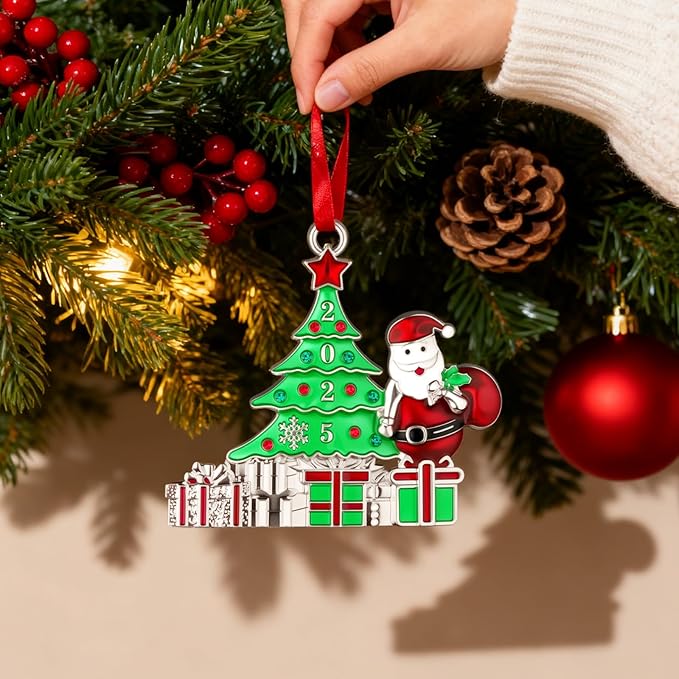 Christmas Ornament 2025 for Christmas Tree Hanging Decorations, Christmas Tree and Santa Claus Decorative Pendants, Dated 2025 Metal Xmas Ornament for Holiday Decorative Keepsake Gift