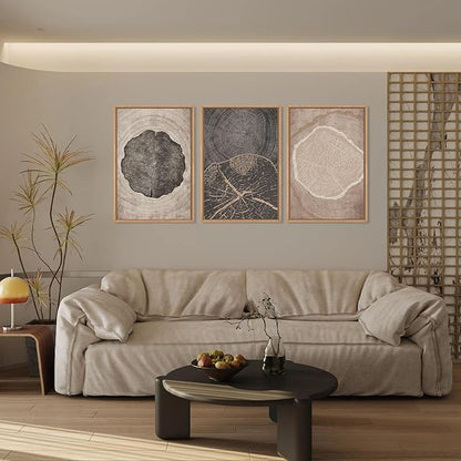 HOURIA Neutral Brown Tree Rings Framed Canvas Wall Art Set,Modern Beige Tan Wood Stump Wall Decor,Vintage Abstract Tree Spiral Art Print,Nature Black Artwork for Living Room,Bedroom,Office- 16"x24"x3