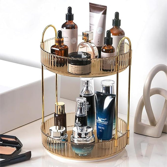 Rotating Makeup Organizer Countertop 2 Tier Lazy Susan Clear Skincare Perfume Storage for Bathroom Counter Vanity, Amber Gold