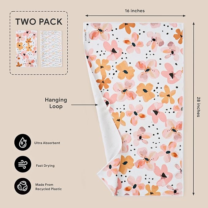 RECYCO Waffle Kitchen Towels Set of 2 Quick Dry Microfiber Sustainable Lightweight Hand Towels Blossom Breeze 16x28