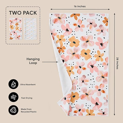 RECYCO Waffle Kitchen Towels Set of 2 Quick Dry Microfiber Sustainable Lightweight Hand Towels Blossom Breeze 16x28