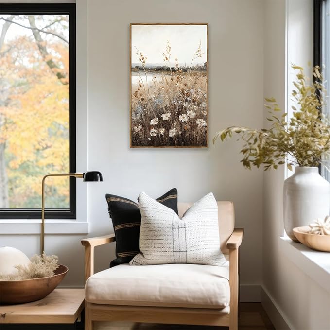 KBKBART Vintage Wall Art Framed, Retro Countryside Autumn Wildflower Field Landscape Canvas Painting Farmhouse Decor Wall Art, Rustic Fall Landscape Bathroom Wall Decor for Bedroom Living Room,