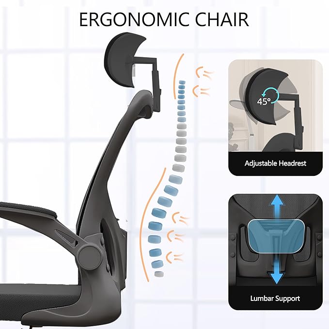 Ergonomic Office Chair, High-Back Mesh Desk Chair with Adjustable Height, Lumbar Support, Flip-Up Armrests,headrest，and Swivel Rolling Design for Home and Office Use