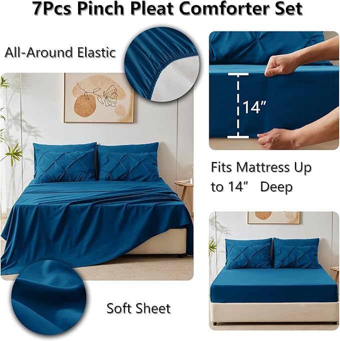 CozyLux Queen Comforter Set Teal, 7 Pieces Pintuck Bed in A Bag, Premium Teal Comforter Queen Size, Pinch Pleat Bedding Sets with Comforter, Sheets, Pillowcases & Shams
