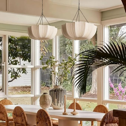 Lantern Fabric Pendant Light Mid-Century Modern Drum Chandelier Faux Silk Cloth Shade 3 Lights Wabi Sabi Light Fixture Farmhouse Ceiling Hanging Light for Dining Room Bedroom