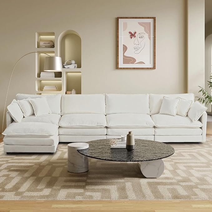 SoarFlash Chenille Sectional Sofa, Comfy L Shaped Modular Coush Sofa with Ottoman, Modern 4 Seat Couch Deep Seat Sofa Set for Living Room,White