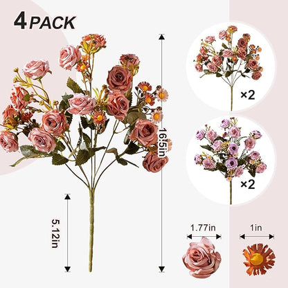Artificial Flowers for Outdoor 4 Bundles Rose Bouquet with Daisy Faux Flowers UV Resistant for Home Indoor Outside Garden Porch Window Box Balcony Yard Porch Decor (Purple+Brown)