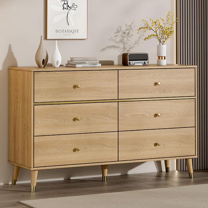 6 Drawer 47" Wide Mid Century Modern Chest of Drawers, Woody