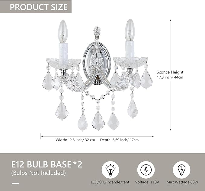 Crystal Wall Sconce Lighting, 2-Light Modern Crystal Wall Light Fixture Bathroom Maria Theresa Wall Lamp Light Fixtures Chrome Wall Sconce Light Wall Mounted Lamp for Living Room,Bedroom,Indoor