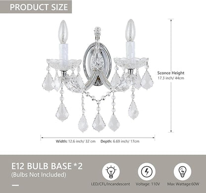 Crystal Wall Sconce Lighting, 2-Light Modern Crystal Wall Light Fixture Bathroom Maria Theresa Wall Lamp Light Fixtures Chrome Wall Sconce Light Wall Mounted Lamp for Living Room,Bedroom,Indoor