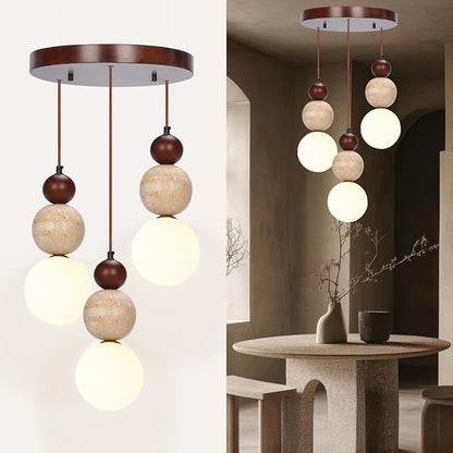 Wabi Sabi Pendant Light,3-Light Travertine Stone Fixture-Japandi Japanese Style Lamp,Nordic Wood Chandelier,Spherical Scandinavian Pendant Light Suits Kitchen Islands,Dining & Living Rooms(Walnut)