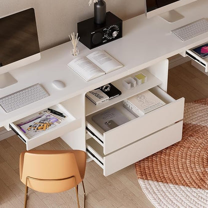 homary 94.5'' White Double Workstation Desk for 2, Large Home Office Computer Desk with 4 Drawers & 1 Cabinet, Executive Modern White Desk for Shared Workspace