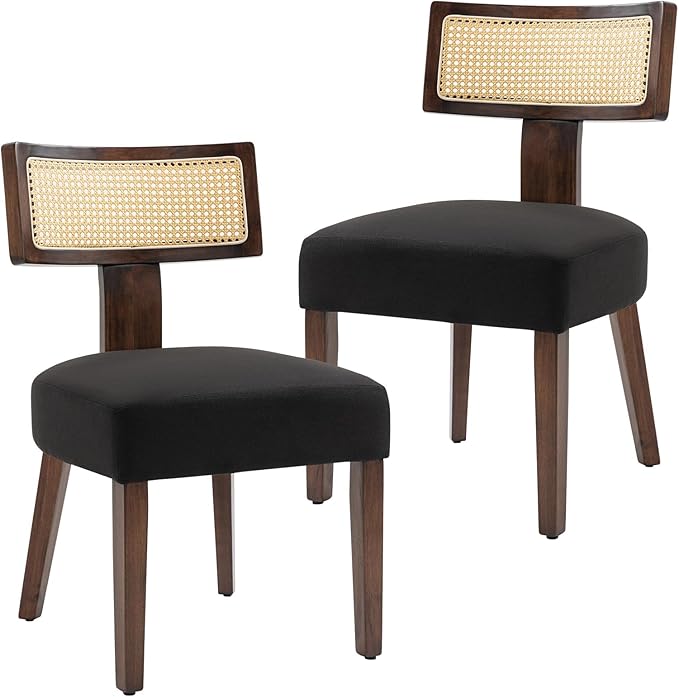 Upholstered Rattan Dining Chairs Set of 2, Mid-Century Modern Fabric Dining Room Chairs with Brown Hardwood Frame, Curved Backrest Kitchen Chairs for Living Room (Black)
