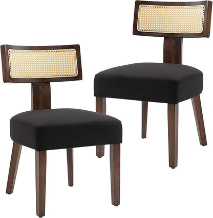 Upholstered Rattan Dining Chairs Set of 2, Mid-Century Modern Fabric Dining Room Chairs with Brown Hardwood Frame, Curved Backrest Kitchen Chairs for Living Room (Black)