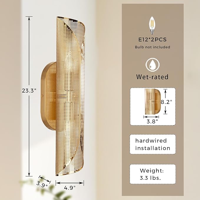 Modern Aged Brass Curved Rounded Perforated Metal Canopy Double Wall Sconce, Hand-Made Wall Mounted Light Beside Mirror, Wall Light for Hallway, Bedroom, Living Room