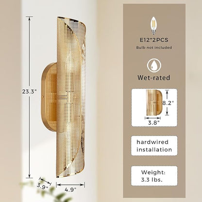 Modern Aged Brass Curved Rounded Perforated Metal Canopy Double Wall Sconce, Hand-Made Wall Mounted Light Beside Mirror, Wall Light for Hallway, Bedroom, Living Room