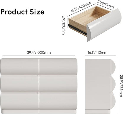 homary Modern 6 Drawers Dresser, 39.4" Wide Faux Leather Chest of Drawers with Modern Design, Storage Dressers Organizer for Bedroom Living Room Hallway, White